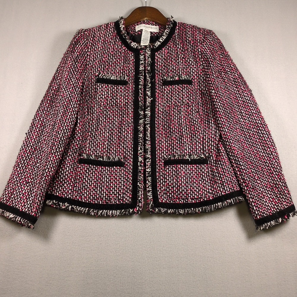 Sag Harbor Womens SZ 8 PETITE Pink White Black Tweed Blazer Fringe Hook & Eye